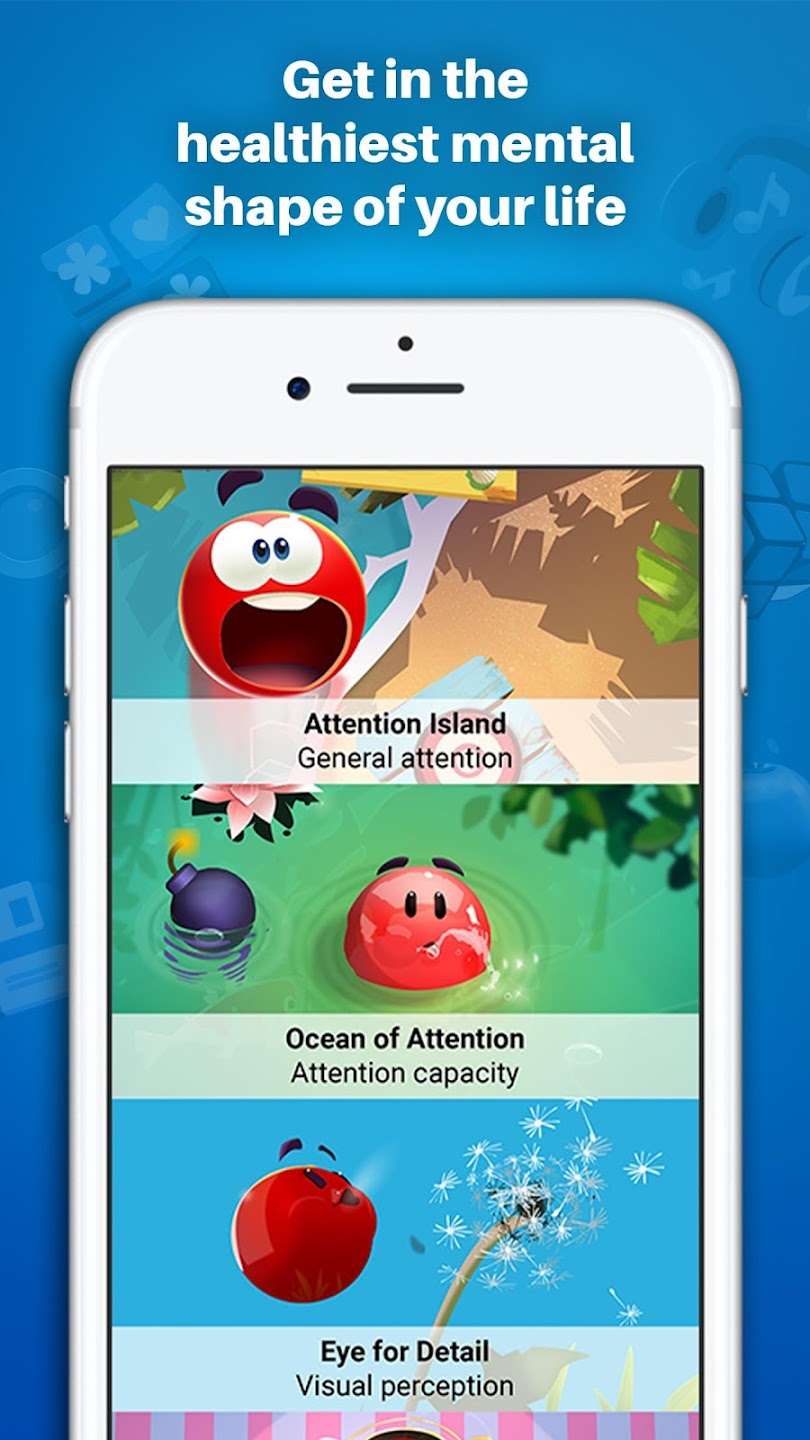 Screeshot from Enhance, showing some of the cognitive training games, on a blue background with the heading "Get in the healthiest mental shape of your life". The game tiles, from top to bottom are an image of a surprised red dot on a sandy beach with the title "Attention Island: General Attention", An image of an unhappy red dot spitting out water in a pond with a bomb with the title "Ocean of Attention: Atetntion Capacity", an image of a floating red dot blowing the seeds from a dandelion against a clear blue sky with the title "Eye for Detail: Visual Perception", and the start of another game tile which is cut off, showing a red and pink vertical striped motif.