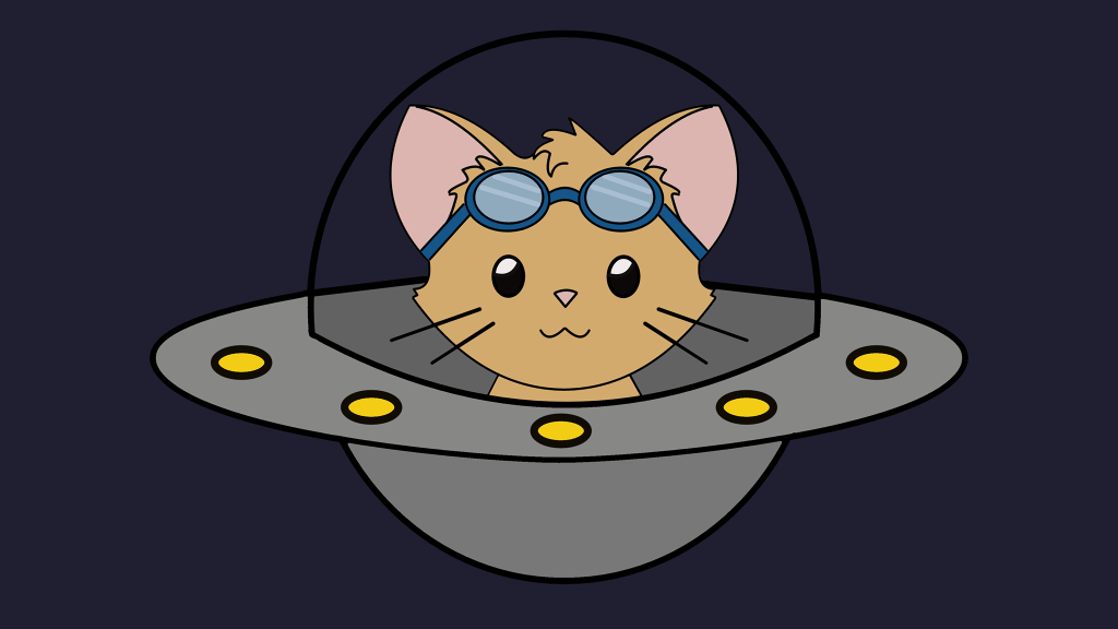Mewteor logo: A cat sitting inside a UFO with goggles sitting on its forehead.