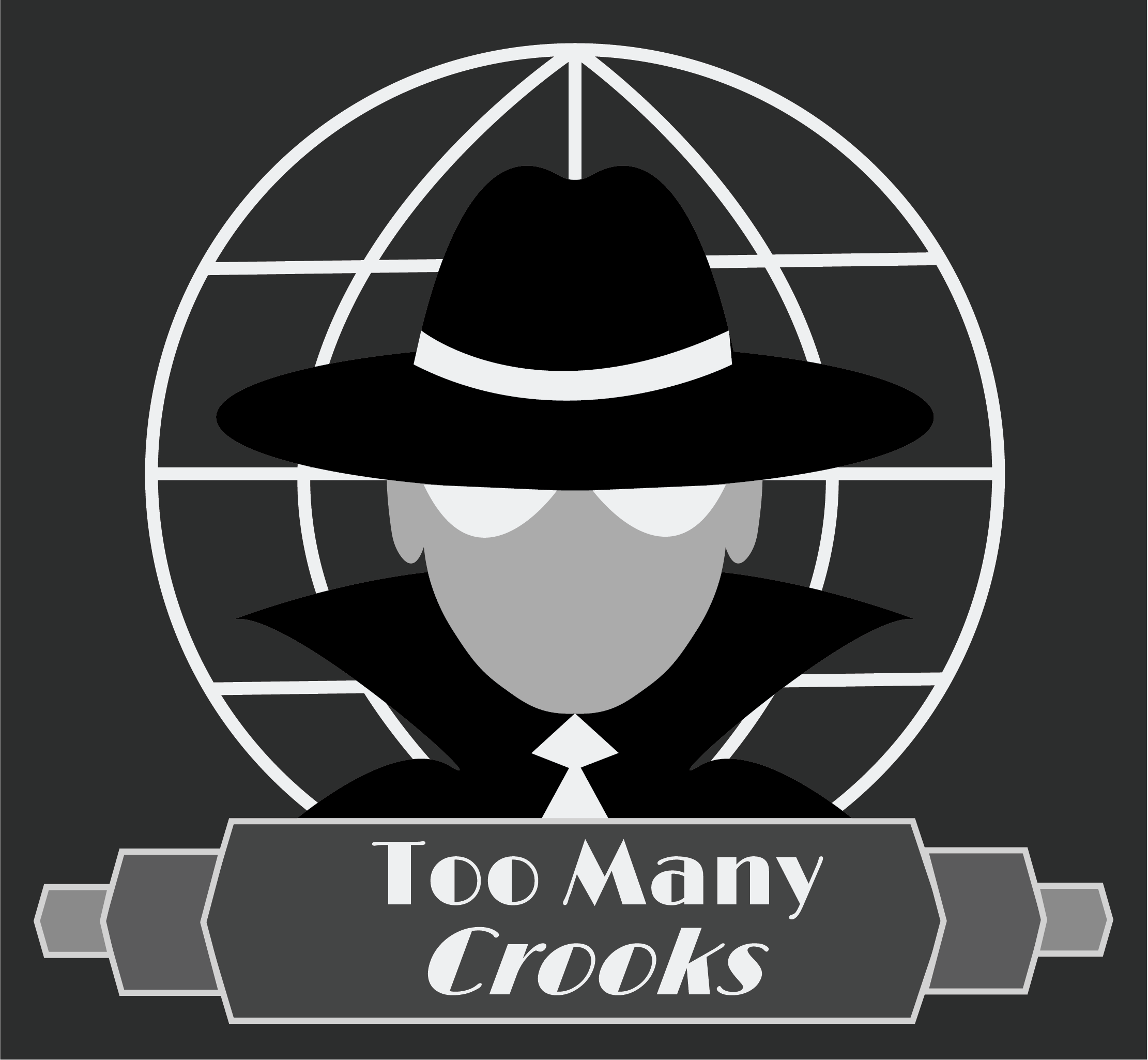 Too Many Crooks logo, featuring gang boss bust with fedora brim pulled low.