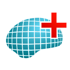 Stylized brain from the side view in blue with a red cross in the upper-left portion