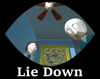 Character viewpoint from the start of Lie Down; the caharcter looks up towards a doctor and nurse. A cieling fan and painting are also pictured.